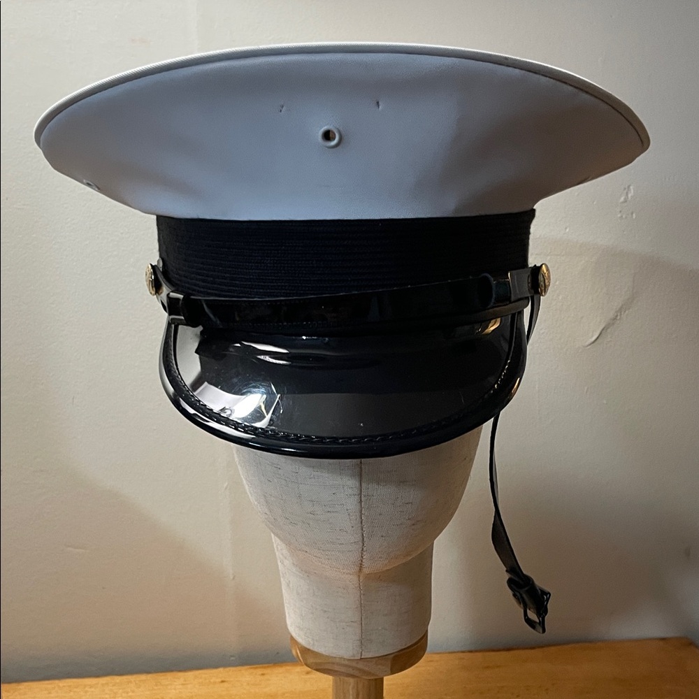 White and Black Military-Style Dress Cap with Gloss Visor